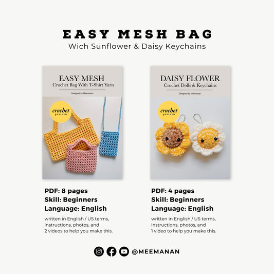 YOUTUBE + Pattern Easy Mesh Bag, Crochet Daisy Keychain