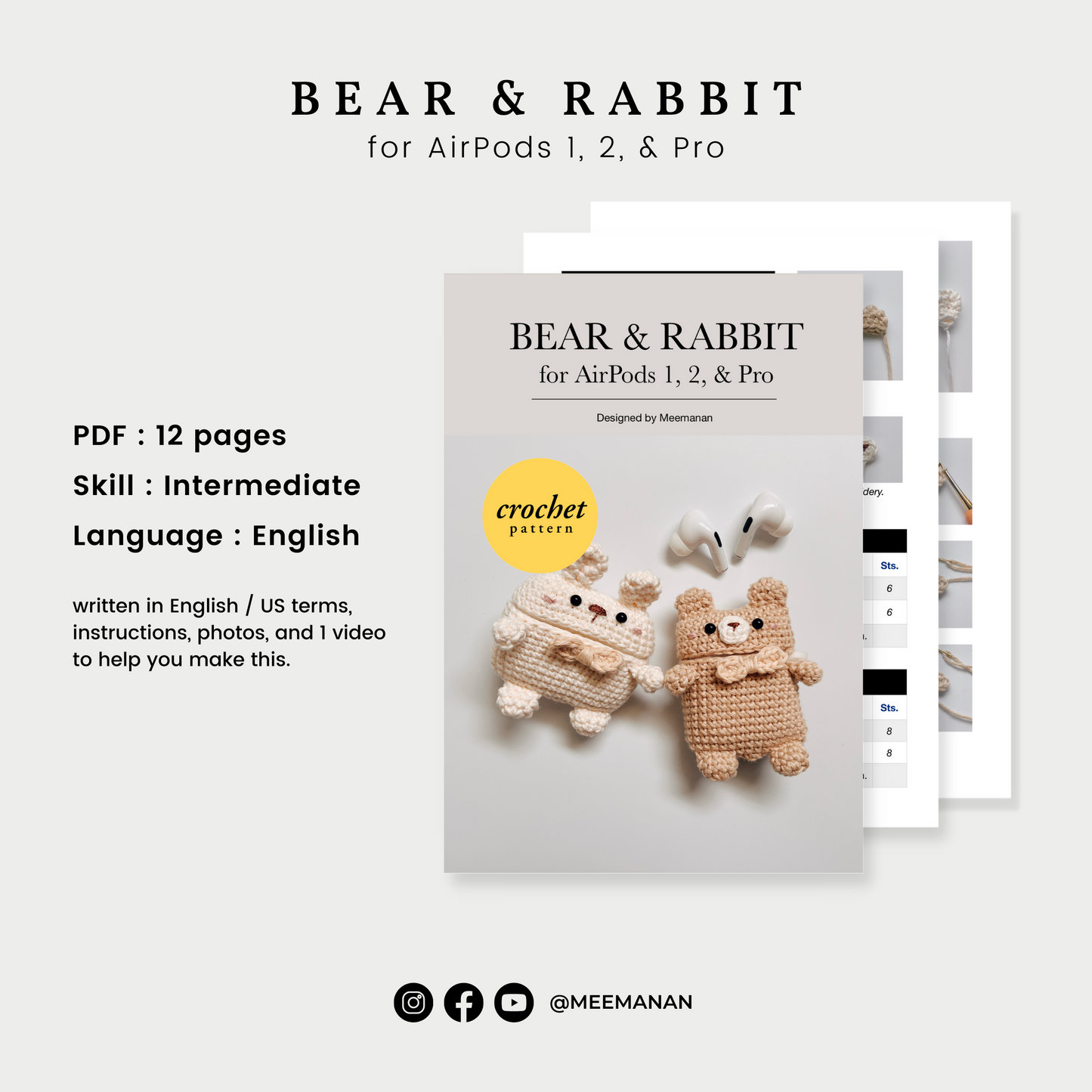 Pattern Airpods Crochet with Silicone Case | Bear & Rabbit