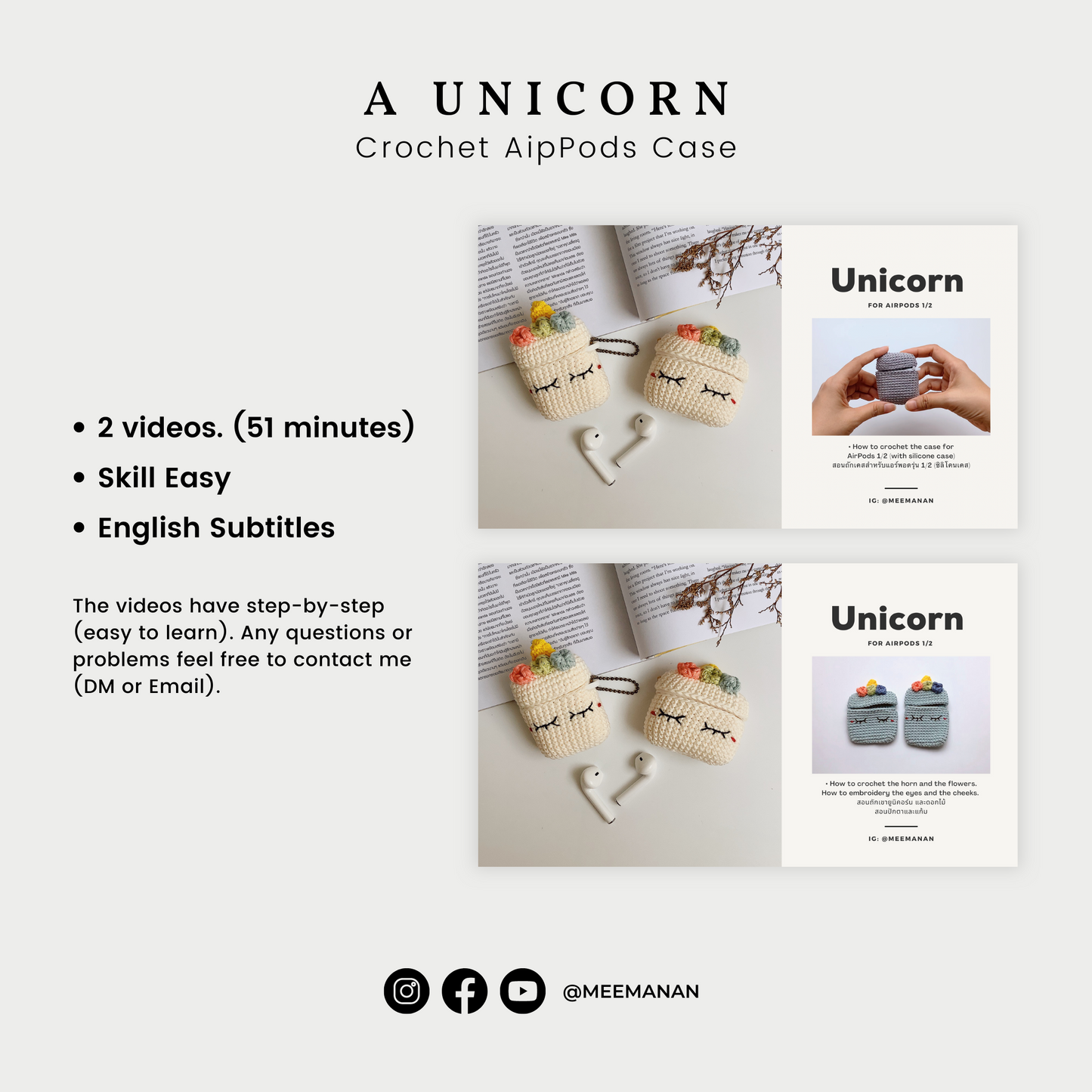 VIDEO + Pattern Tutorials Airpods Crochet with Silicone Case | Unicorn