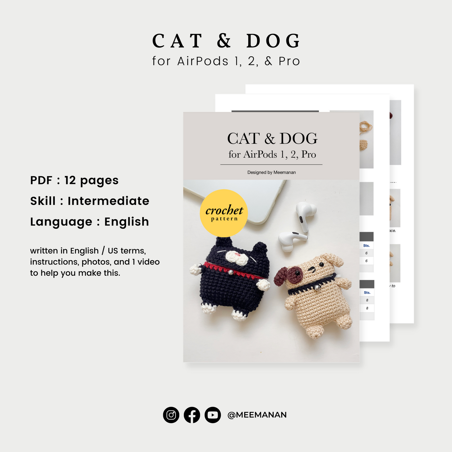 Pattern Airpods Crochet with Silicone Case | Cat & Dog