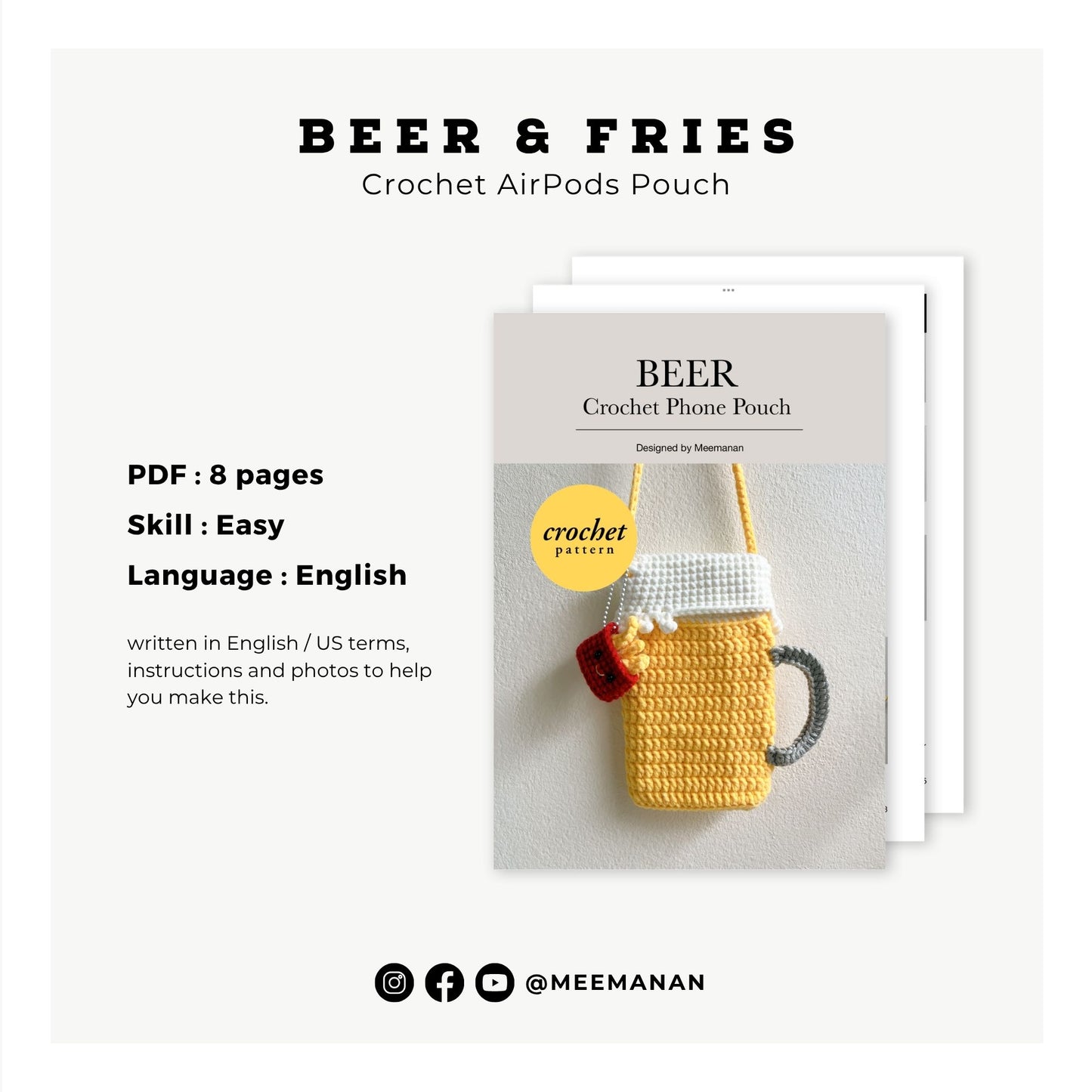 Beer Phone Pouch & Fries Keychain Crochet Pattern PDF