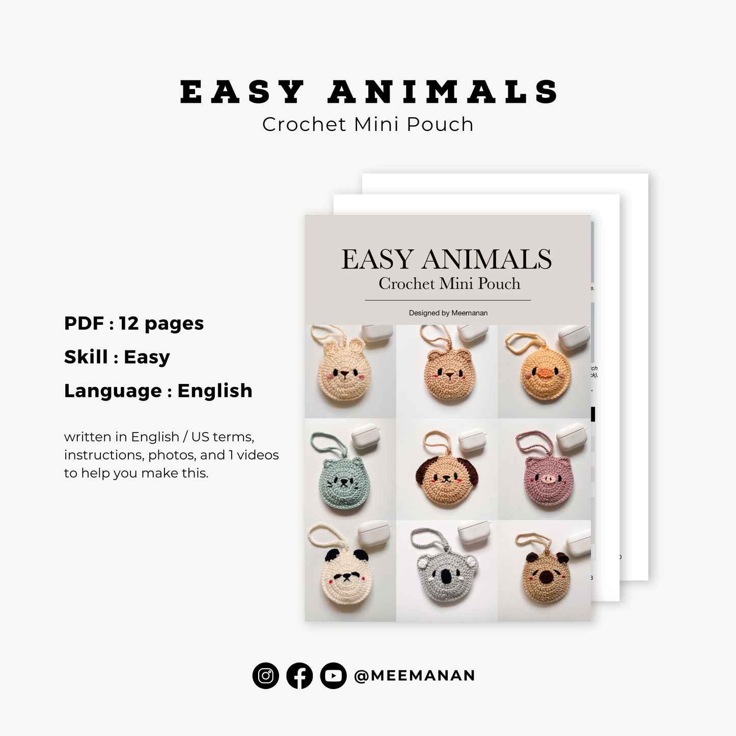 Easy Animals Mini Pouch Keychain Crochet Pattern PDF