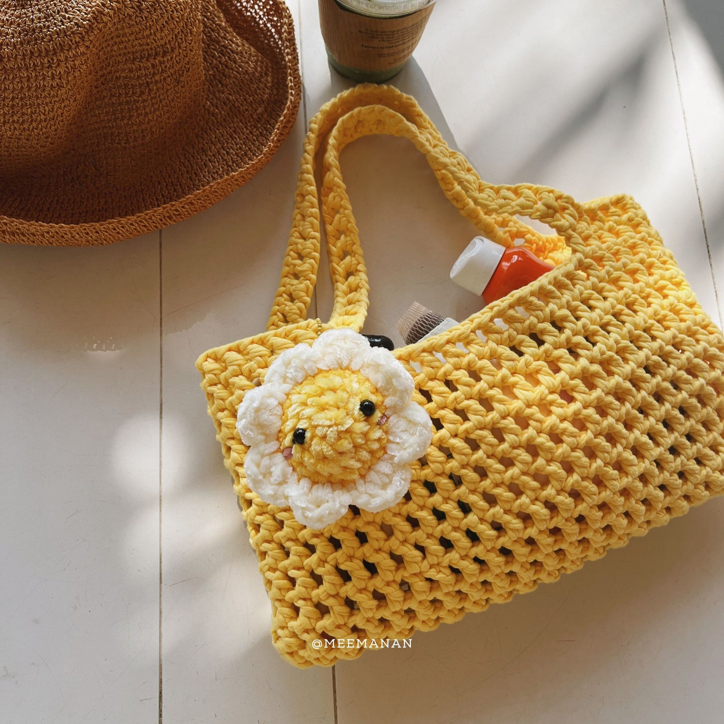 YOUTUBE + Pattern Easy Mesh Bag, Crochet Daisy Keychain