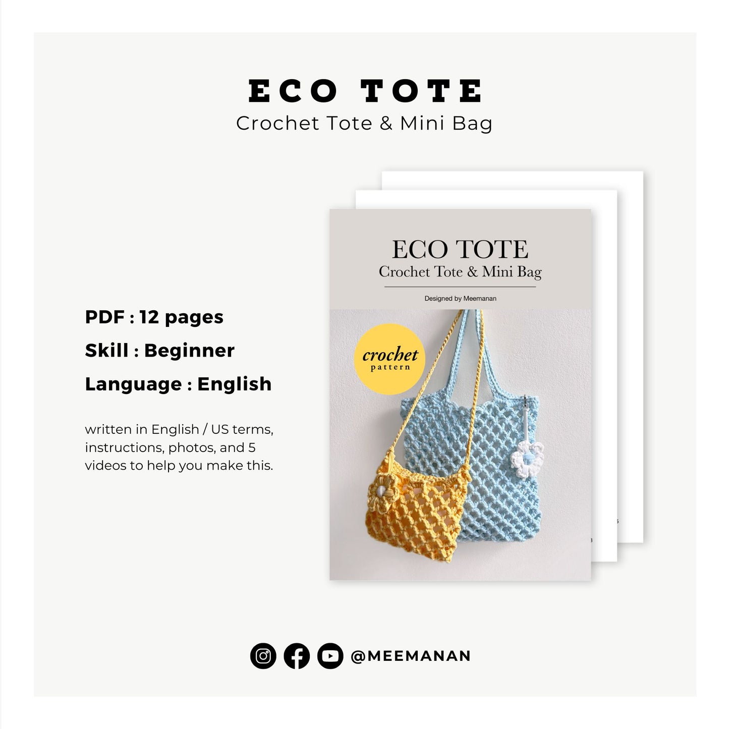 Beginner-Friendly Crochet Mesh Tote & Mini Bag Pattern PDF