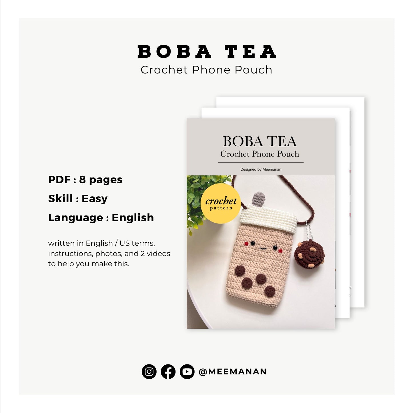 Boba Phone Pouch & Cookie Keychain Crochet Pattern PDF