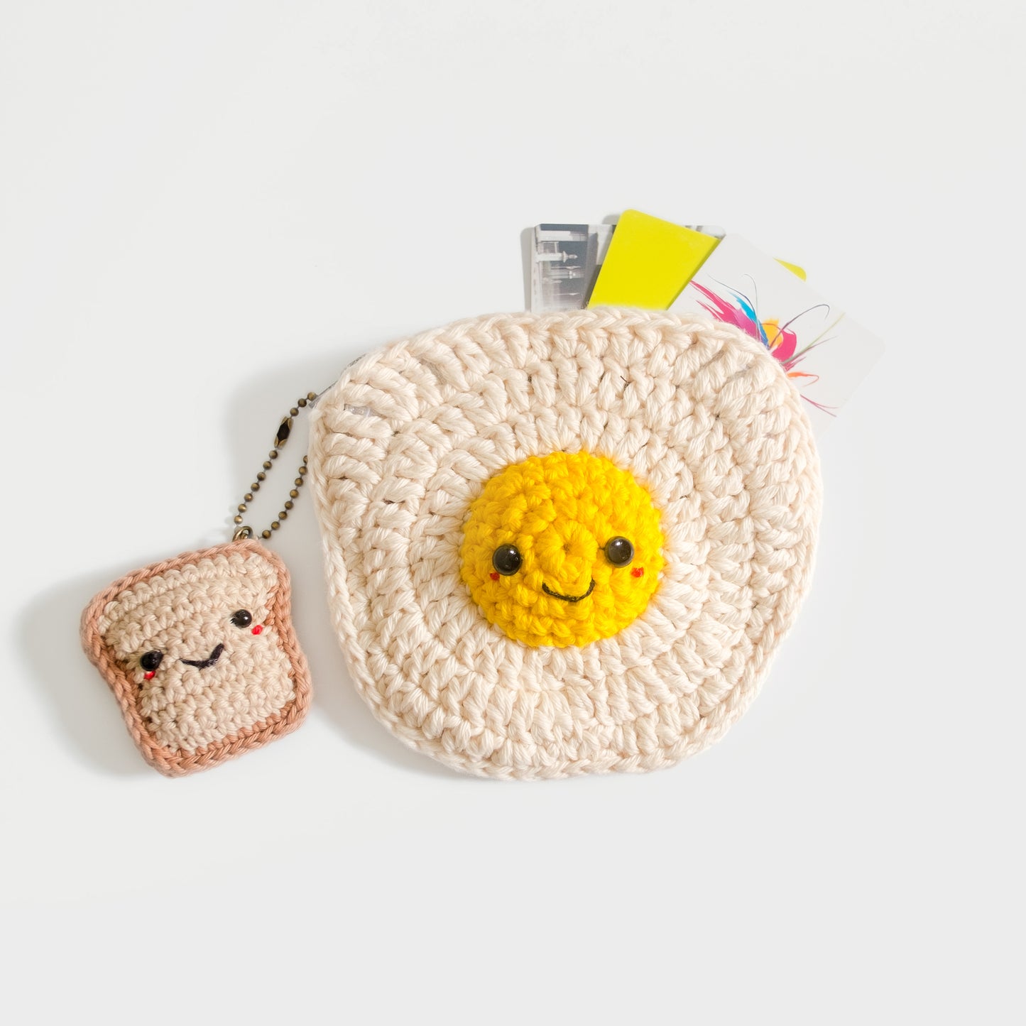 VIDEO + Pattern Fried Egg Coin Purse with Bread Keychain